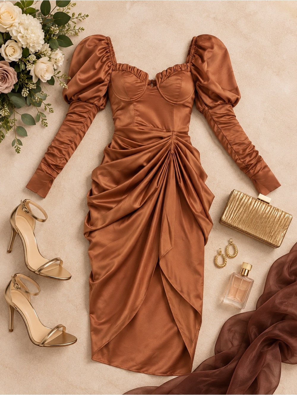 PrettyLittleThing Bronze Satin Ruched Puff Sleeve Midi Dress Size 6 NWT
